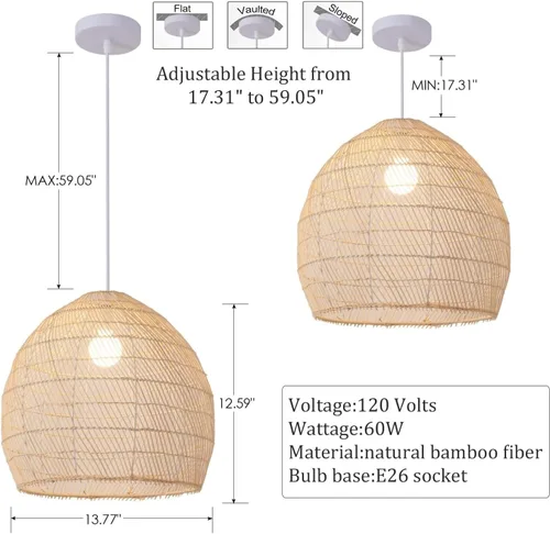 Miniatura 2 de Lámpara Colgante de Ratán de 1 Luz, 13.78" Luz Colgante de Ratán de Bambú Tejida a Mano, Candelabro de Mimbre para Isla de Cocina, Restaurante, Sala