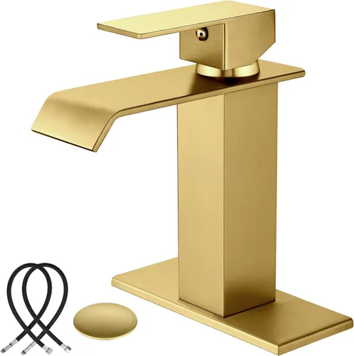 Midanya Grifos de baño en cascada, grifo de lavabo de baño de una sola manija de 1 agujero, moderno grifo de lavabo de tocador de RV con drenaje Oro
