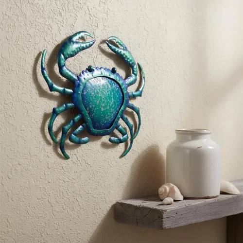 Miniatura 6 de Comfy Hour Decoración de pared de cangrejo de metal azul de 12 pulgadas, escultura temática náutica del océano, arte costero decorativo para playa