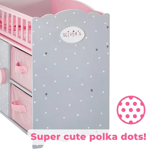 Miniatura 5 de Olivia's Little World Cuna de madera para muñeca con un gabinete y dos cubículos para almacenamiento de accesorios de muñeca debajo, lunares rosados