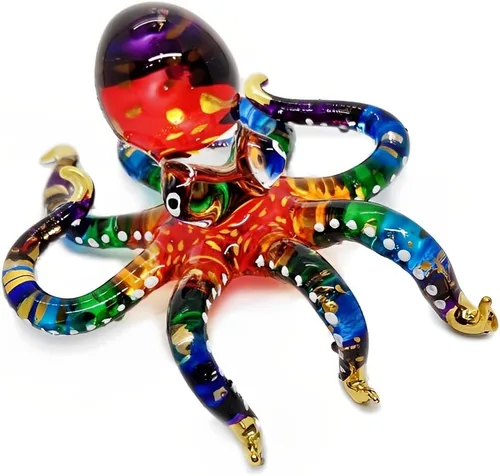 WitnyStore Figura pequeña de pulpo arcoíris punteado dorado de 5½ pulgadas, pulpos de vidrio soplado a mano, calamares, sepia, moluscos marinos,