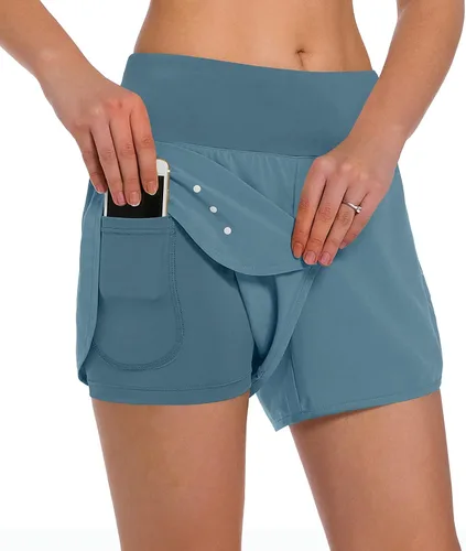 Miniatura 19 de Ksmien - Pantalones cortos de correr 2 en 1 para mujer, ligeros, para entrenamiento, gimnasio, yoga, forro con bolsillos para teléfono