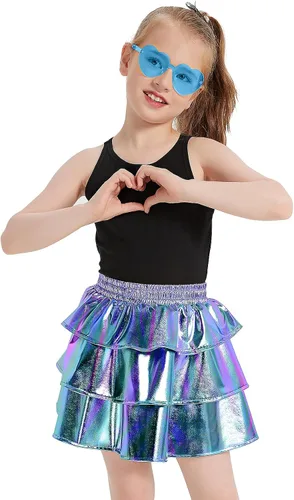 Miniatura 2 de techcity Falda metálica brillante de 3 capas con volantes para niñas, ropa de disfraz de fiesta de baile para niñas de 4 a 13 años con gafas