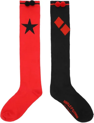 Miniatura 2 de Bioworld Calcetines altos hasta la rodilla Harley Quinn PomPom para mujer, Multi colorido