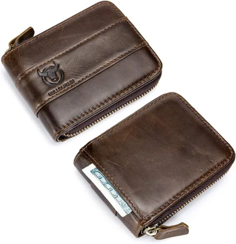 Miniatura 2 de BULLCAPTAIN Billetera de cuero para hombre con cremallera y bloqueo RFID, monedero (marrón oscuro)