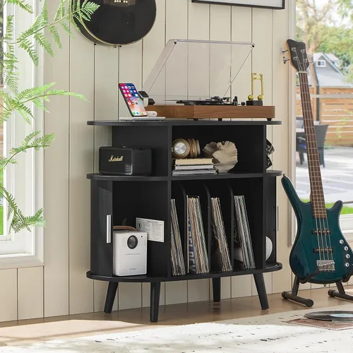 Miniatura 4 de LELELINKY - Soporte grande redondo para tocadiscos con estación de carga y estante de exhibición acanalado, gabinete para tocadiscos color negro