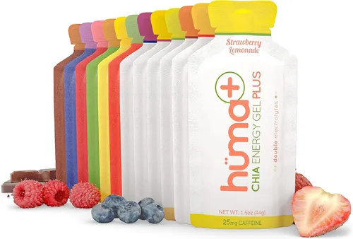 Huma Plus (electrolitos dobles) - Gel energético de chía, paquete variado, geles energéticos de alimentos reales aptos para el estómago (12 geles