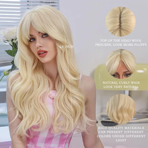 Miniatura 2 de 7JHH WIGS - Peluca rubia ondulada larga de 24 pulgadas, fibra natural resistente al calor, peluca sintética de color rubio platino rizado