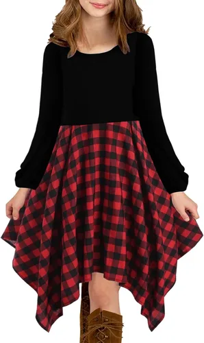 Miniatura 2 de KYMIDY Vestido midi alto y bajo para niñas, de manga larga, estilo bohemio, con vuelo, casual, con bolsillos, para niños de 6 a 12 años