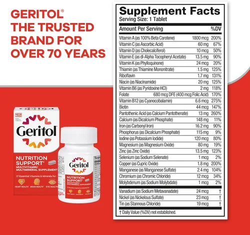 Miniatura 6 de Geritol, Suplemento multivitamínico, contiene vitaminas B, antioxidantes, vitaminas C, E y D y hierro, 26 vitaminas y minerales esenciales, sin