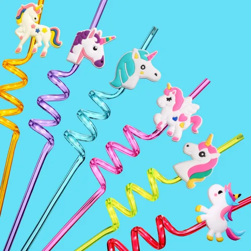 Miniatura 2 de 24 pajitas de plástico reutilizables de unicornio + 6 tatuajes temporales para niñas Suministros para fiesta de cumpleaños – Decoraciones