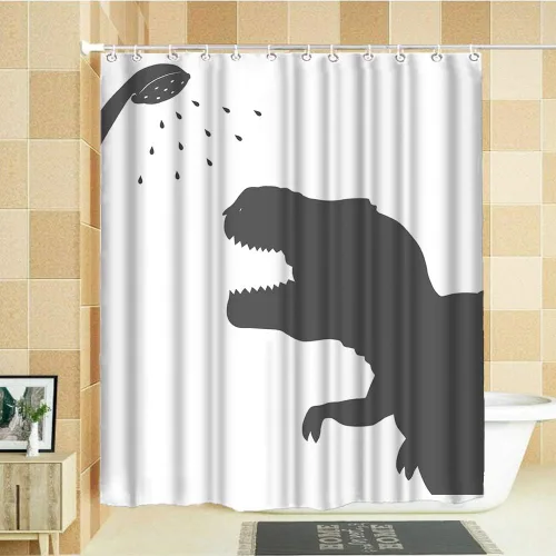 Miniatura 3 de Cortina de ducha de tela de dinosaurio de animales, silueta de dinosaurio, impermeable, juego de baño de tela de poliéster con ganchos, decoración