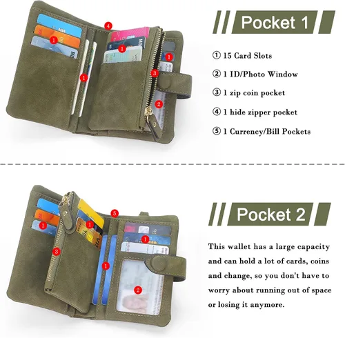 Miniatura 3 de Billeteras con bloqueo RFID para mujer, de gran capacidad, de cuero suave, cartera pequeña con correa para la muñeca, Verde oliva, Casual