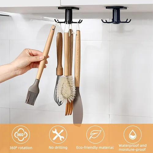 Miniatura 2 de 2 ganchos para utensilios de cocina para debajo del gabinete, rotación de 360°, sin perforaciones, adhesivos, estante para colgar herramientas, Negro