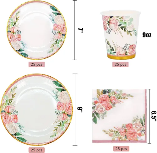 Miniatura 9 de Boosolo Suministros florales para fiestas, juegos de platos de papel y servilletas para 24 invitados, incluye platos de papel desechables florales