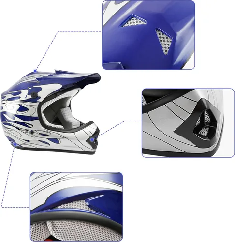 Miniatura 4 de TCT-MOTORPARTS - Casco para niños o jóvenes con lentes y guantes, aprobado por el DOT, para motocross, modelo de llama azul, para cuatrimoto y fuera