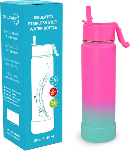 Miniatura 2 de CHILLOUT LIFE Botella de agua aislada para niños de 22 onzas para la escuela con tapa con pajilla, a prueba de fugas y bonitas calcomanías Slushy