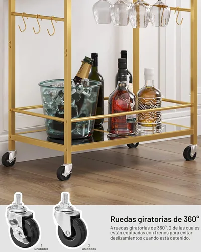 Miniatura 6 de TUTOTAK Carrito de bar, carrito de servicio para el hogar, carrito de bebidas, estante de cocina móvil con estante para vino y soporte para vidrio