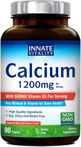 Innate Vitality Calcio 1200 mg con vitamina D3, 5000UI de vitamina D3, suplemento de calcio absorbible, sin OMG, sin gluten, para hueso, inmunidad,