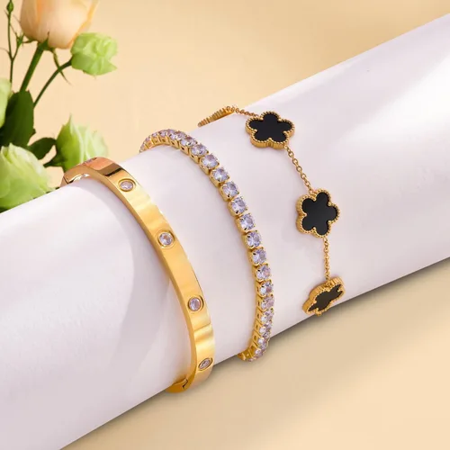 Miniatura 6 de Pulseras de oro para mujer - 4 piezas/3 piezas, juego de pulseras de tenis de 18K de oro chapado, elegantes pulseras de oro no manchadas de acero