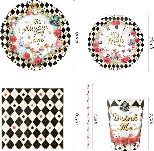 Miniatura 2 de Decoraciones para la fiesta del té de Alicia - Platos de papel para baby shower, servilletas, tazas y pajitas para 24 invitados, juego de vajilla