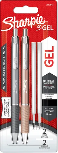 Sharpie S-Gel | Bolígrafos de gel metálicos | Punta media (0.7mm) | Gris acero y oro rosa | Tinta negra | 2 bolígrafos y 2 recargas de gel