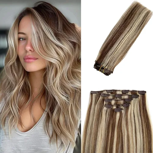 Miniatura 13 de Extensiones de cabello rubio ceniza con reflejos, extensiones de cabello humano real con clip, de 12 pulgadas, 2.47 onzas, doble trama, invisible