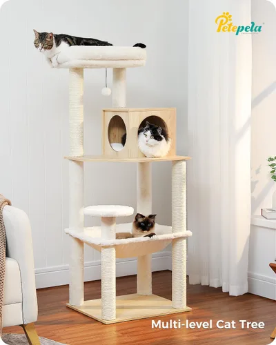 Miniatura 7 de PETEPELA Árbol de Madera para Gatos de Interior Torre de Múltiples Niveles con Postes Rascadores Cubiertos de Sisal, Condominio Acogedor, Hamaca