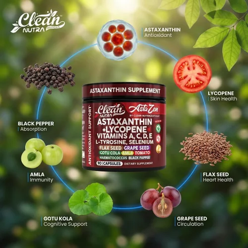 Miniatura 8 de Clean Nutra Astaxantina Suplemento de licopeno de 12 mg con vitamina A C D3 E, L-tirosina, selenio, lino, semilla de uva, gotu kola, amla, pimienta