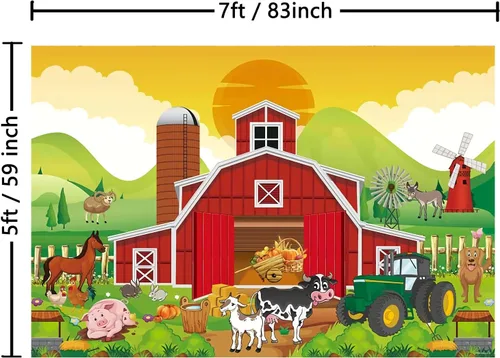 Miniatura 2 de Telón de fondo rojo de granero para niños, decoración de fiesta de cumpleaños, dibujos animados de animales de granja, granero, fondo de fotografía
