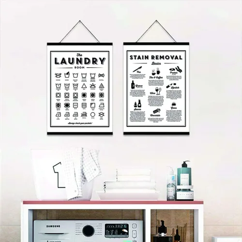 Miniatura 10 de Ecyanlv Letrero de pintura en lienzo con símbolos y eliminación de manchas, para lavandería, decoración de pared, regalo de inauguración de la casa