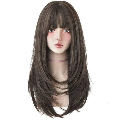 Miniatura 15 de 7JHH WIGS - Peluca de cabello sintético largo y liso con flequillo para mujer, aspecto natural (22 pulgadas, té negro)