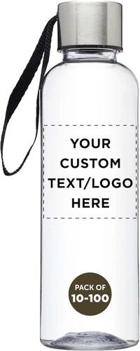 DISCOUNT PROMOS Genie - Botella de agua de plástico personalizada con correa de 17 onzas, juego de 10/50/100 unidades personalizadas, paquete a