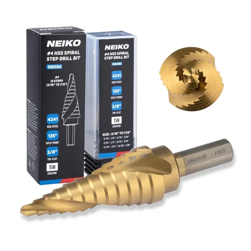 Miniatura 26 de NEIKO 10602A Step Drill Bit, 13 Steps 1/8" to 1/2" Spiral High Speed Steel, Titanium Nitride Coated, 1/4" Quick Change Step Bits for Steel, Metal