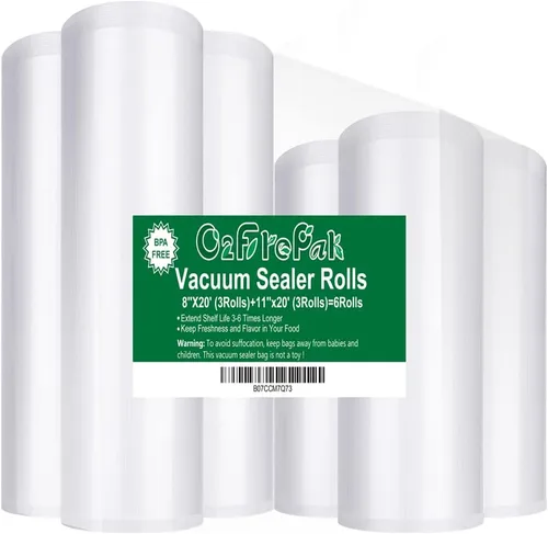 O2frepak Paquete de 6 rollos de 8"x20' (3 rollos) y 11"x20' (3 rollos) de bolsas selladoras al vacío sin BPA, rollos de bolsas de almacenamiento