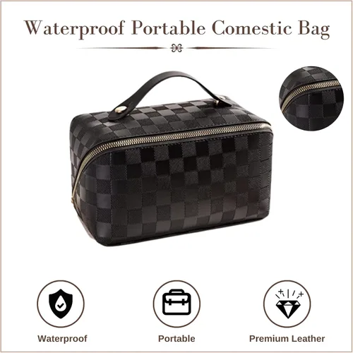 Miniatura 5 de Bolsas de cosméticos de viaje de gran capacidad para mujeres, bolsa de maquillaje a cuadros, organizador de maquillaje de viaje, bolsas