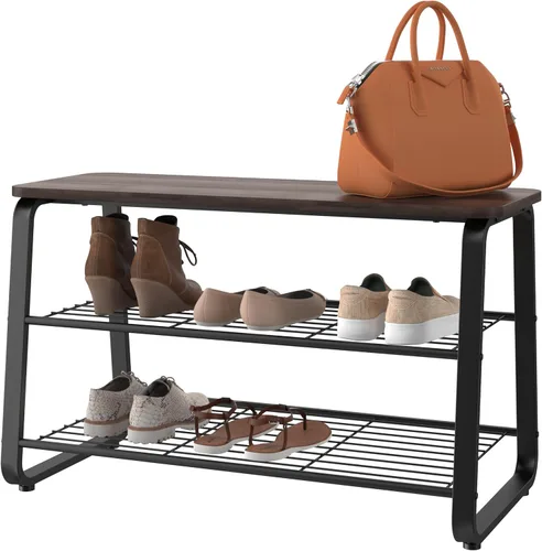 ClosetMaid Zapatero de 3 niveles, marco de metal, estantes de alambre, asiento de madera, entrada, pasillo, sala de estar, organizador de vestíbulo,
