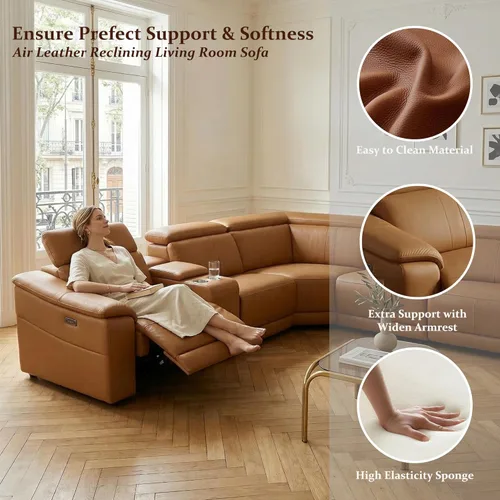 Miniatura 3 de Sofá Seccional Reclinable Eléctrico, Juego de Muebles de Sala en Forma de L, Sofá de Cuero Marrón Claro, Sofá Seccional Reclinable con Consola