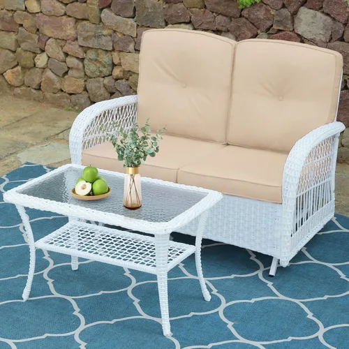 Miniatura 57 de VIVIJASON Silla mecedora de mimbre para exteriores, 2 piezas, sillas mecedoras de ratán para patio con cojines y marco de acero, muebles de mimbre