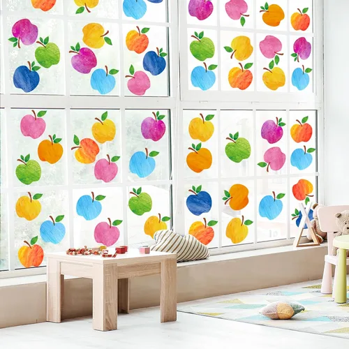 Miniatura 2 de Whaline 9 hojas coloridas de manzanas para ventana, calcomanías de doble cara para ventana de regreso a la escuela, manzanas de acuarela