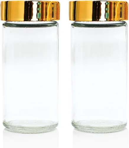 Tianifa 2 tarros de especias dorados, botellas de vidrio de condimentos de 3 onzas, contenedor de especias, frascos de especias vacíos, botellas