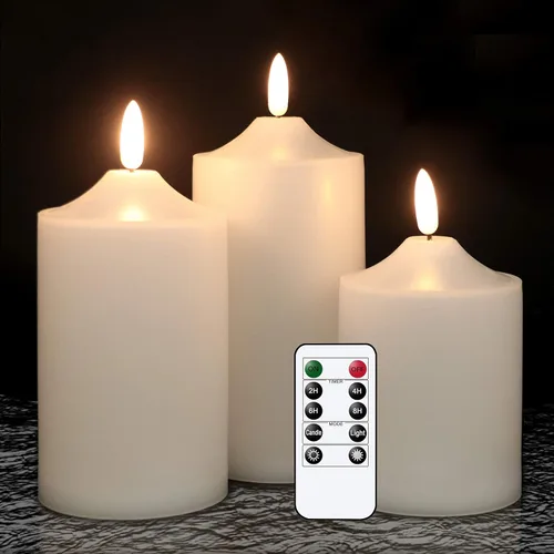 GenSwin Velas parpadeantes sin llama, velas LED impermeables con control remoto y temporizador, velas de pilar de mecha 3D que funcionan con pilas