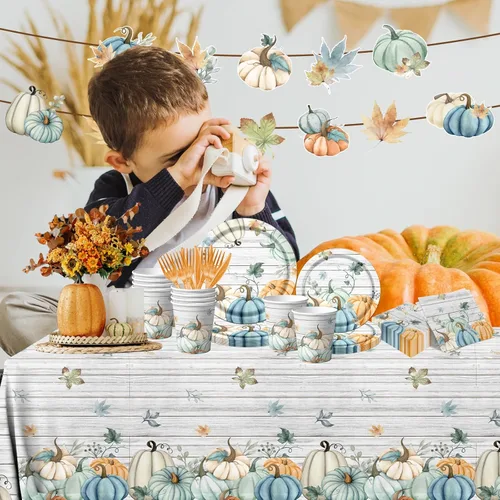 Miniatura 2 de 142 platos y servilletas para fiesta de otoño, suministros para fiesta, platos de calabaza de acuarela y servilletas, vasos, manteles y cubiertos