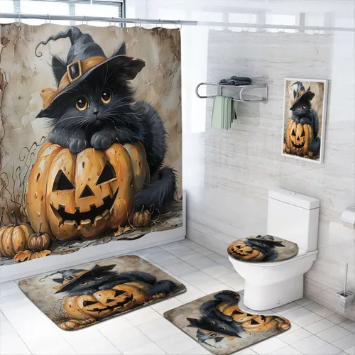 Miniatura 7 de Juego de 4 cortinas de ducha de Halloween con alfombra, cubierta para tapa de inodoro y tapete de baño, diseño de fantasmas de dibujos animados
