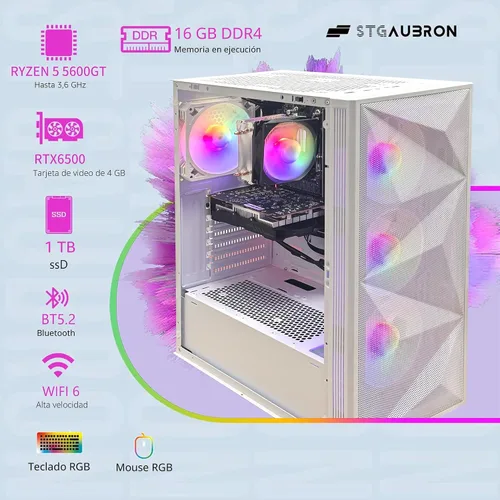 Miniatura 4 de STGAubron Computadora de Escritorio Gaming PC, AMD Ryzen 5 5600GT hasta 4.6G, Radeon RX 6500 4G, 16G DDR4, 1T SSD, WiFi 6 y BT 5.2, Ventilador RGB