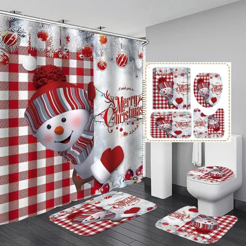 Miniatura 24 de Juego de 4 cortinas de ducha con alfombra antideslizante, cubierta para tapa de inodoro y tapete de baño, cortina de ducha de Papá Noel con 12