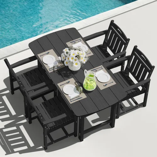 Miniatura 37 de Juego de comedor de patio al aire libre de HDPE con mesa y 6 sillas, juego de mesa y sillas de 7 piezas para todo clima, agujero para sombrilla de 2