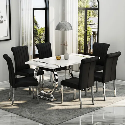 Miniatura 3 de Asday Juego de 2 sillas de comedor negras y plateadas, modernas sillas de comedor tapizadas de piel sintética con respaldo alto y patas cromadas