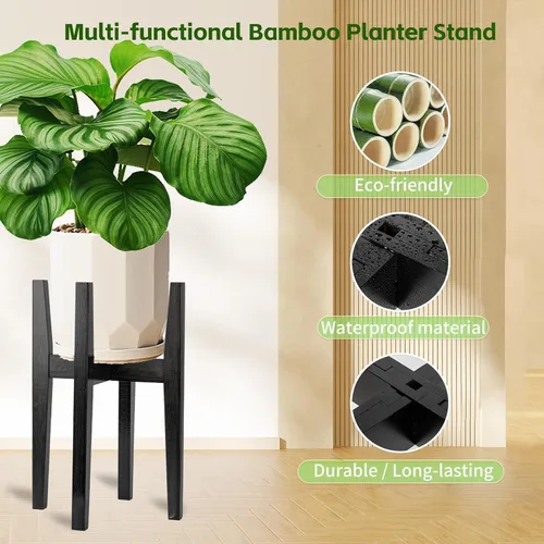 Miniatura 6 de Soporte ajustable de bambú para plantas de interior, estante moderno para flores con compatibilidad de maceta de 8 a 12 pulgadas, diseño de esquina
