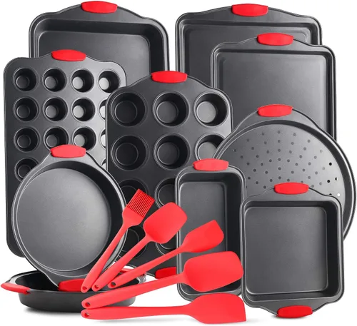 Miniatura 11 de Juego de bandejas para hornear, juego de bandejas para galletas de 2 piezas con asas de silicona, bandeja de acero para hornear, bandejas